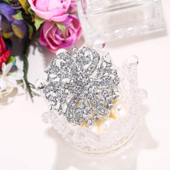 Vintage-Inspired Crystal Floral Brooch Silver Bridal Accessory Gift - Picture 5 of 6